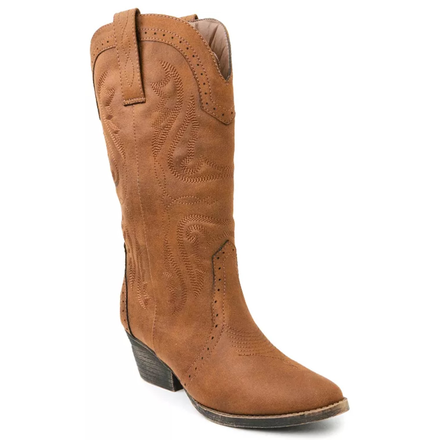 A brown cowboy boot with decorative stitching, mid-height heel, and pull tabs at the top for easy wear.