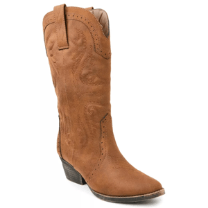 A brown cowboy boot with decorative stitching, mid-height heel, and pull tabs at the top for easy wear.