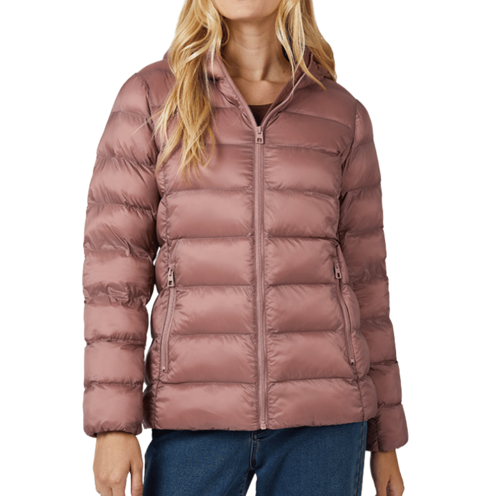 A mauve-colored, hooded puffer jacket designed for women, featuring horizontal quilting and front zip closure, paired with blue jeans.