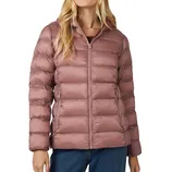 A mauve-colored, hooded puffer jacket designed for women, featuring horizontal quilting and front zip closure, paired with blue jeans.