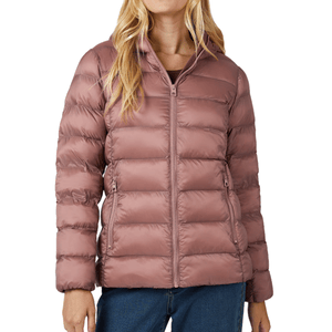 A mauve-colored, hooded puffer jacket designed for women, featuring horizontal quilting and front zip closure, paired with blue jeans.
