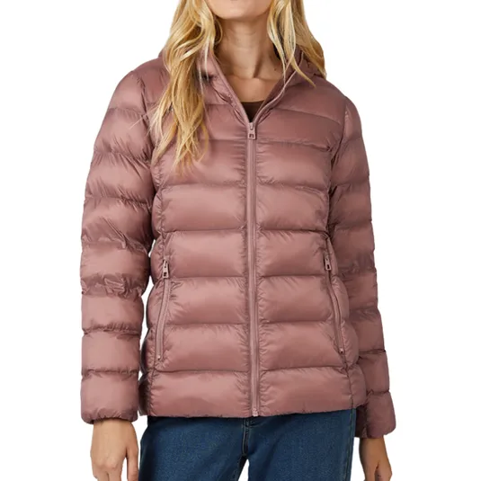 A mauve-colored, hooded puffer jacket designed for women, featuring horizontal quilting and front zip closure, paired with blue jeans.