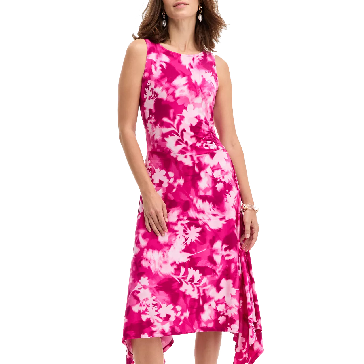 Sleeveless pink floral dress with a white pattern, featuring an asymmetrical hem and fitted waist.