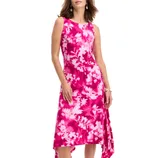 Sleeveless pink floral dress with a white pattern, featuring an asymmetrical hem and fitted waist.