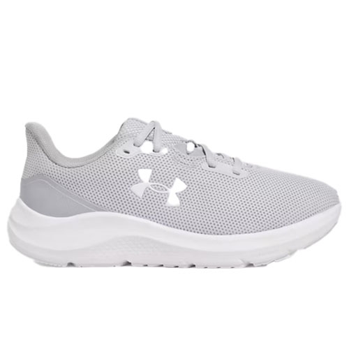 A gray athletic shoe with a breathable mesh upper, cushioned sole, and a white logo on the side.