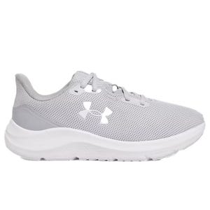 A gray athletic shoe with a breathable mesh upper, cushioned sole, and a white logo on the side.