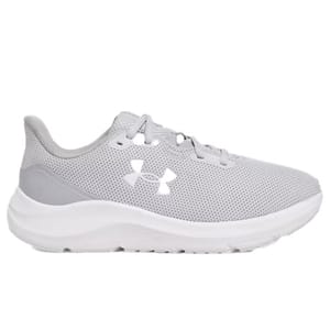 A gray athletic shoe with a breathable mesh upper, cushioned sole, and a white logo on the side.