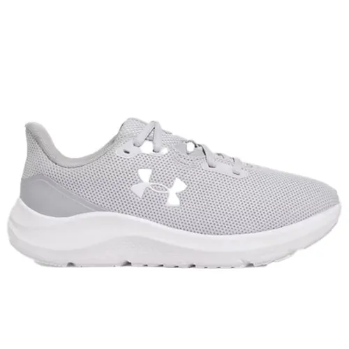 A gray athletic shoe with a breathable mesh upper, cushioned sole, and a white logo on the side.