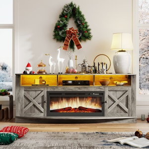 Rustic fireplace TV stand with built-in electric fireplace, holiday decorations, and glowing shelves, adorned with festive items like reindeer figurines and a Christmas wreath.