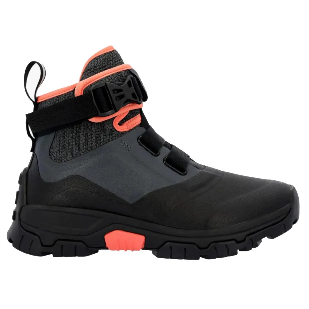 Black and gray ankle boot with coral accents, featuring a buckle strap, pull tab, and rugged sole.
