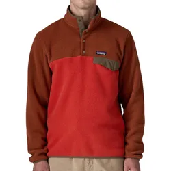 A two-tone fleece pullover with a high collar, buttoned placket, and a small chest pocket featuring a logo label.
