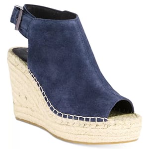 Navy suede wedge sandals with an open toe and a back slingback strap featuring a buckle closure. The espadrille-style wedge heel is made of braided jute, providing a casual yet stylish look.