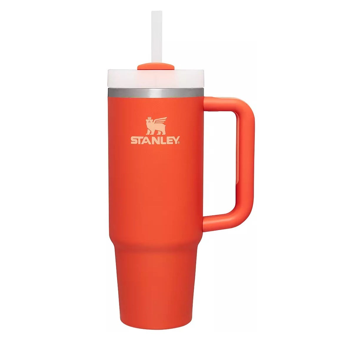 An orange Stanley insulated travel mug with a handle and straw, featuring the Stanley logo on its front.