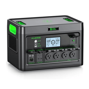 A portable power station with multiple AC outlets and a digital display, featuring an EBL logo and green accents for easy identification.