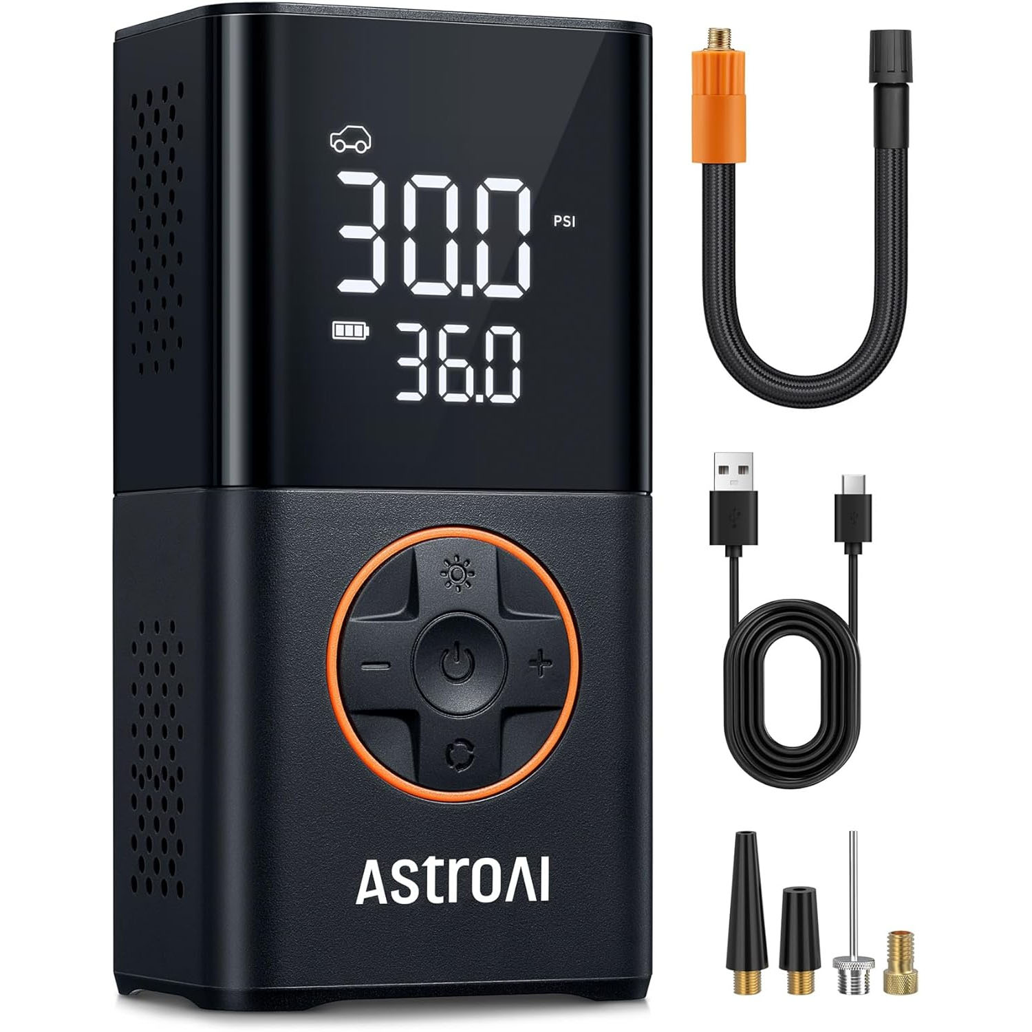 AstroAI Portable Cordless Tire Inflator features an LED display showing PSI and battery level, a USB charging cable, a hose, and multiple nozzle attachments for various uses.