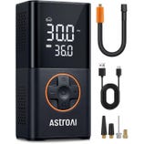 AstroAI Portable Cordless Tire Inflator features an LED display showing PSI and battery level, a USB charging cable, a hose, and multiple nozzle attachments for various uses.