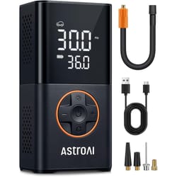 AstroAI Portable Cordless Tire Inflator features an LED display showing PSI and battery level, a USB charging cable, a hose, and multiple nozzle attachments for various uses.