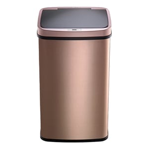 A rose gold touchless trash can with a lid, featuring a modern, sleek design.