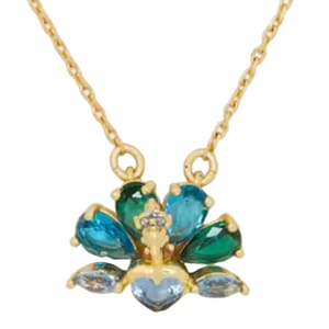 Gold-tone necklace with a peacock plume-inspired pendant featuring blue and green gemstones accented with clear crystals.