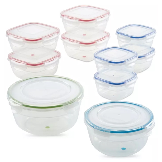 A 20-piece Lock n Lock container set featuring round and square transparent containers with colorful airtight lids in red, blue, and green. Perfect for storage and organizing food, these containers are stackable and come in various sizes.