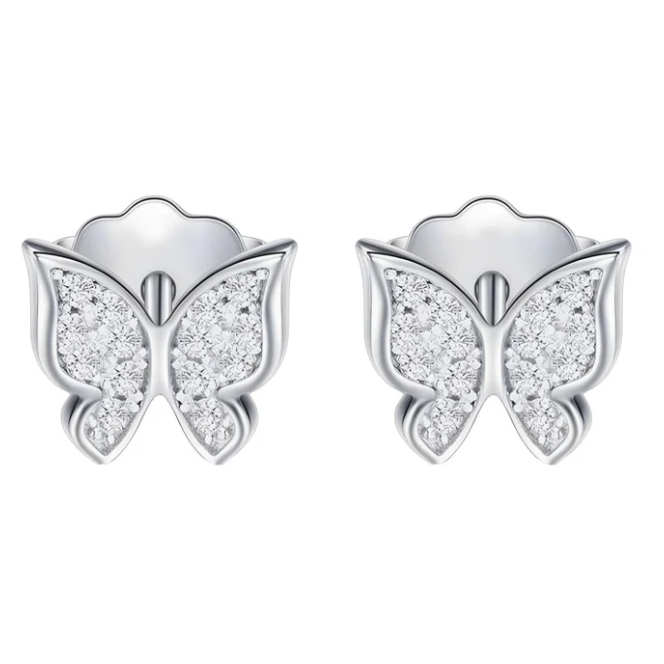 A pair of silver and diamond butterfly earrings with a delicate and sparkling design.
