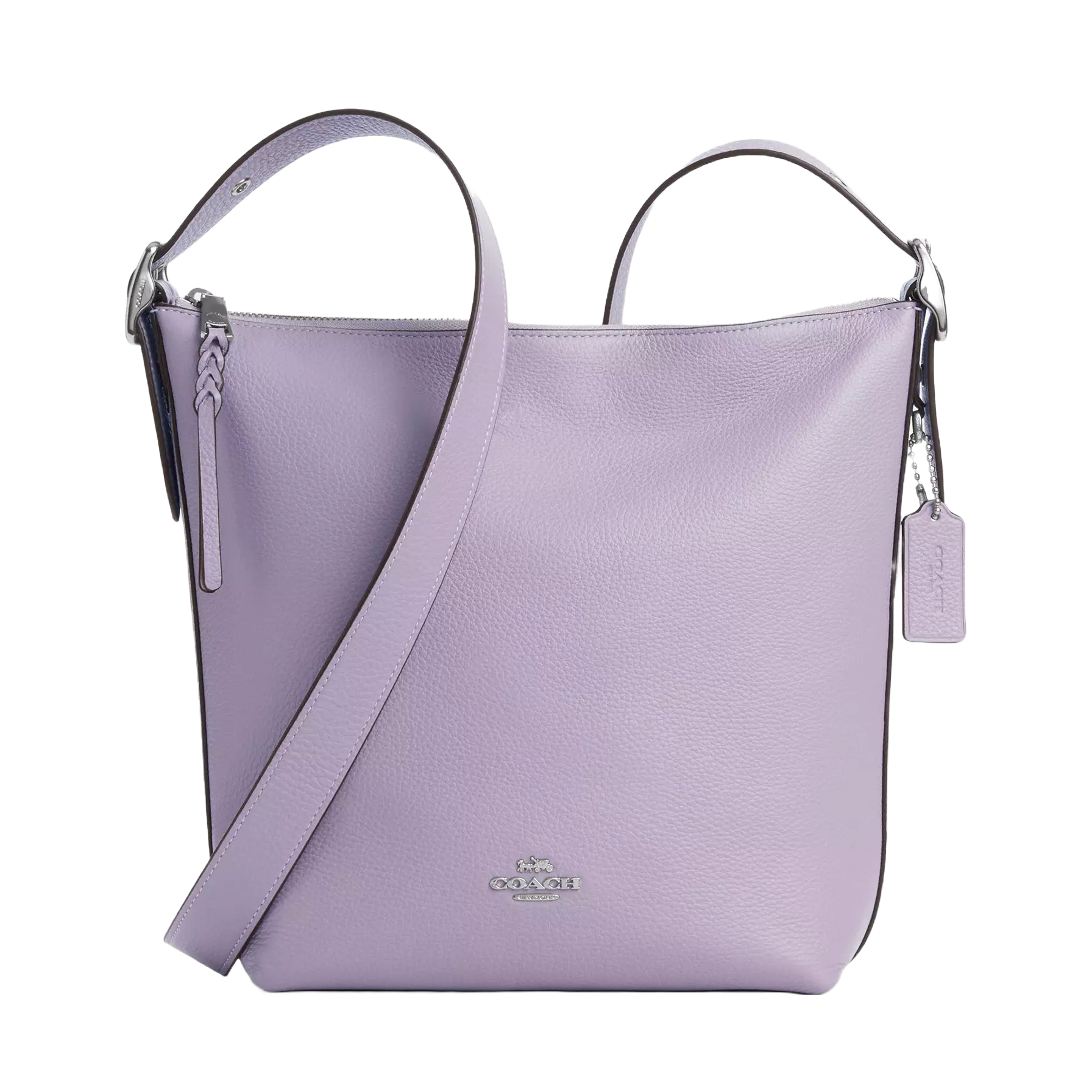Lavender Coach Outlet leather duffle bag featuring a pebbled texture, adjustable strap, zip closure with a braided pull, and a Coach tag charm.