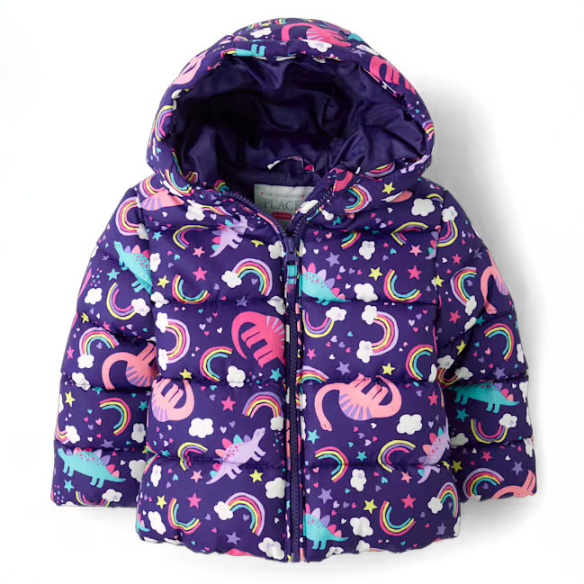 A purple kids' puffer jacket with a hood, featuring a colorful unicorn, rainbow, and star pattern.