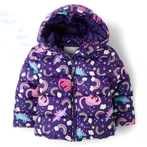 A purple kids' puffer jacket with a hood, featuring a colorful unicorn, rainbow, and star pattern.