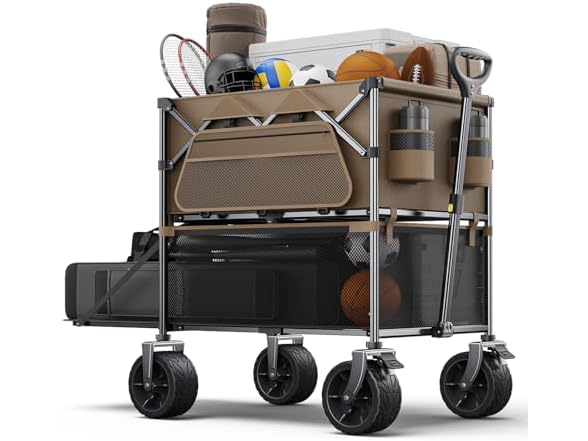 A collapsible utility wagon loaded with various sports equipment including rackets, balls, and containers, featuring large wheels and a sturdy handle for easy transport.