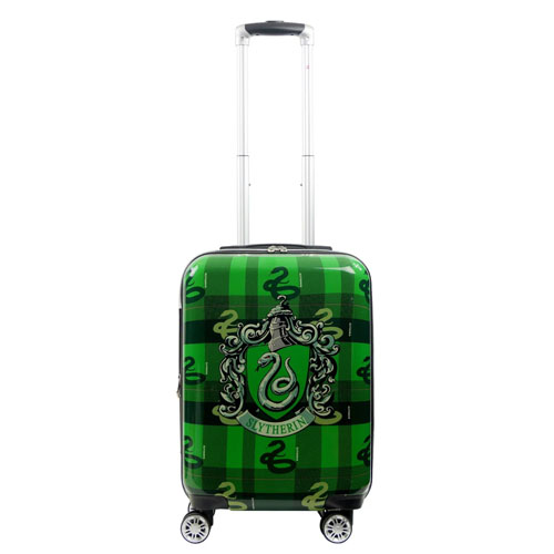 Suitcase with a green and black tartan pattern featuring the Slytherin crest from the Harry Potter series.