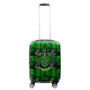 Suitcase with a green and black tartan pattern featuring the Slytherin crest from the Harry Potter series.