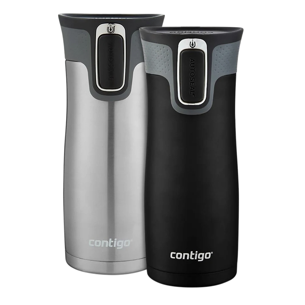 2-pack Contigo travel mugs, each with 16oz capacity, featuring sleek stainless steel and black designs. They include Autoseal technology for spill-proof, one-handed operation.