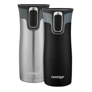 2-pack Contigo travel mugs, each with 16oz capacity, featuring sleek stainless steel and black designs. They include Autoseal technology for spill-proof, one-handed operation.