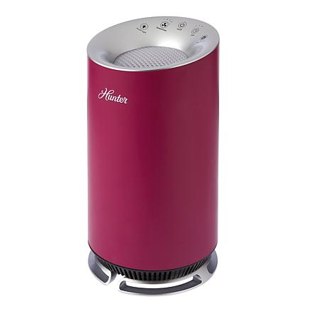 A red cylindrical air purifier with control buttons on top and a brand logo.