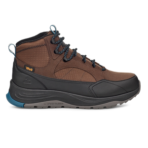 The Teva Auroris Boots are brown ankle-high boots featuring black accents, a thick sole with \“Spider Rubber\“ for traction, blue-speckled laces, and a pull tab for easy wear.