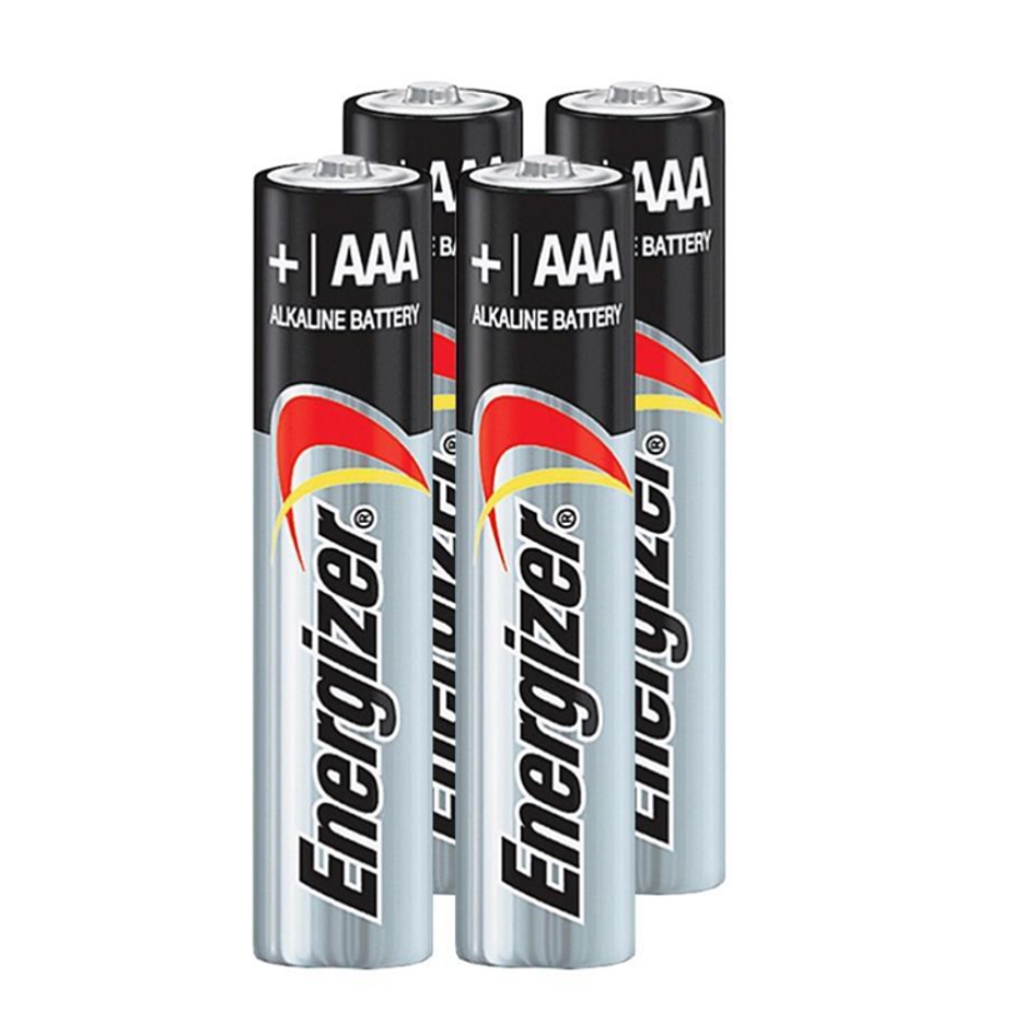 Four AAA Energizer alkaline batteries with a black, silver, and red design.