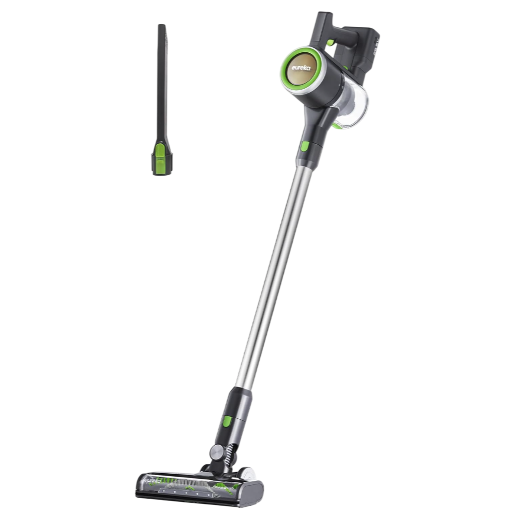 A stick vacuum cleaner with multiple attachments, including a crevice tool and a dusting brush. It features a slim design for versatile cleaning.
