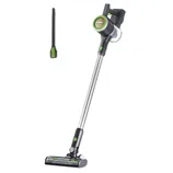 A stick vacuum cleaner with multiple attachments, including a crevice tool and a dusting brush. It features a slim design for versatile cleaning.