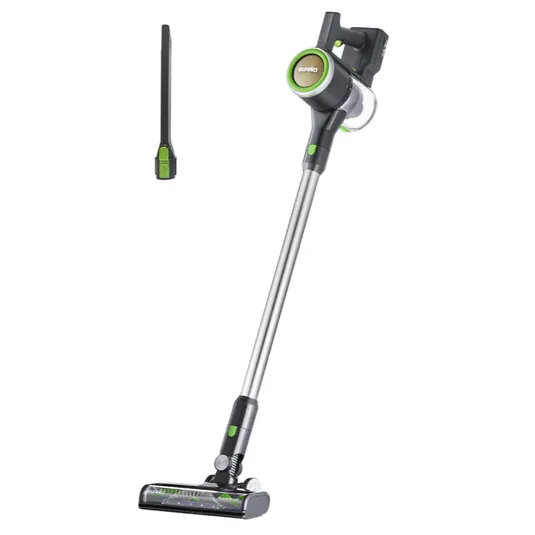 A stick vacuum cleaner with multiple attachments, including a crevice tool and a dusting brush. It features a slim design for versatile cleaning.