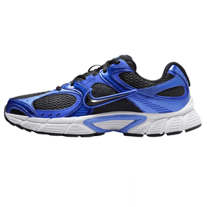 A blue and black athletic sneaker featuring a mesh upper, synthetic overlays, and a white cushioned sole.