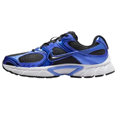 A blue and black athletic sneaker featuring a mesh upper, synthetic overlays, and a white cushioned sole.