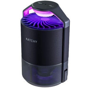 Compact Katchy Indoor Insect Trap with a sleek, cylindrical design, featuring a purple light to attract bugs, an upper fan, and a lower adhesive trap to capture insects.