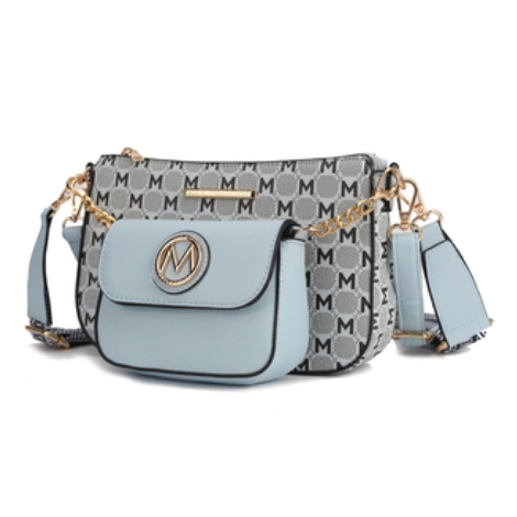 A stylish MKF double bag with a monogram pattern and light blue accents, featuring gold-tone hardware, a detachable strap, and a front pocket with an \“M\“ emblem.