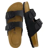 A pair of black double-strap sandals with adjustable buckles and a cork footbed designed for comfort and support.
