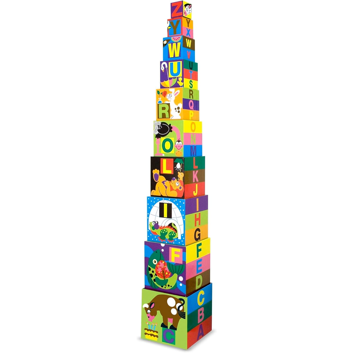 Stacked colorful alphabet blocks with animal illustrations, forming a tall tower from A to Z. Ideal for educational play.