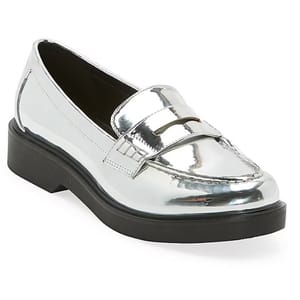 Silver metallic loafer with a penny strap and a chunky black sole.