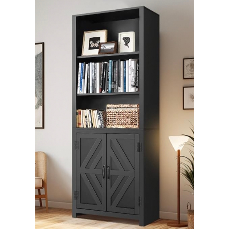 Tall black bookshelf with two open shelves for books and framed photos, a middle compartment with a leopard print box, and a bottom section featuring double doors with geometric patterns.
