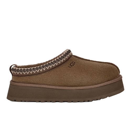 UGG Tazz Platform Slippers are brown suede slip-ons with a thick platform sole, featuring decorative stitching around the collar and a logo on the side.