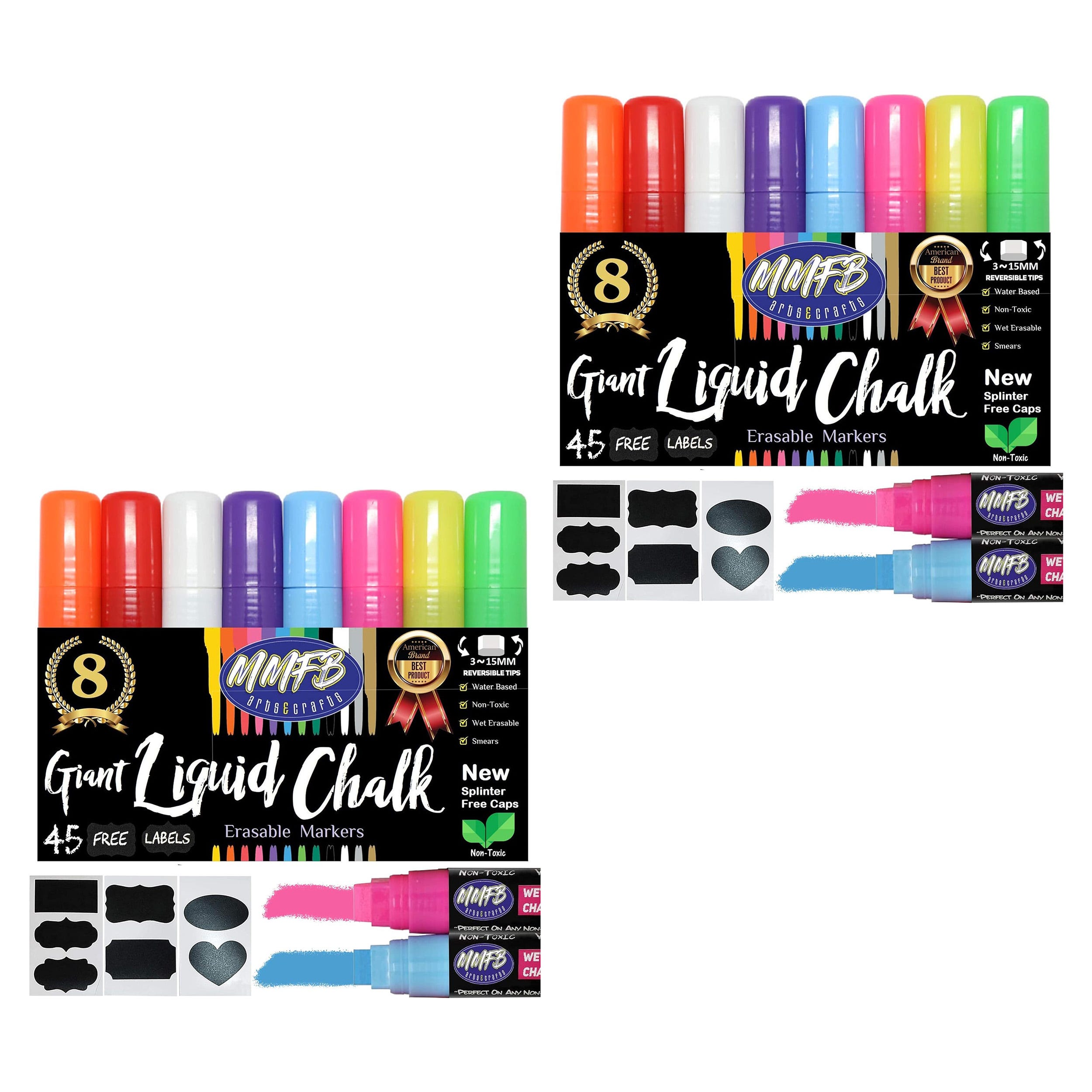 A set of eight erasable liquid chalk markers in various colors with 45 free labels included.