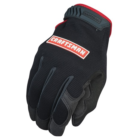 Black and red Craftsman work gloves featuring a textured grip, adjustable wrist strap, and reinforced fingertips for durability.